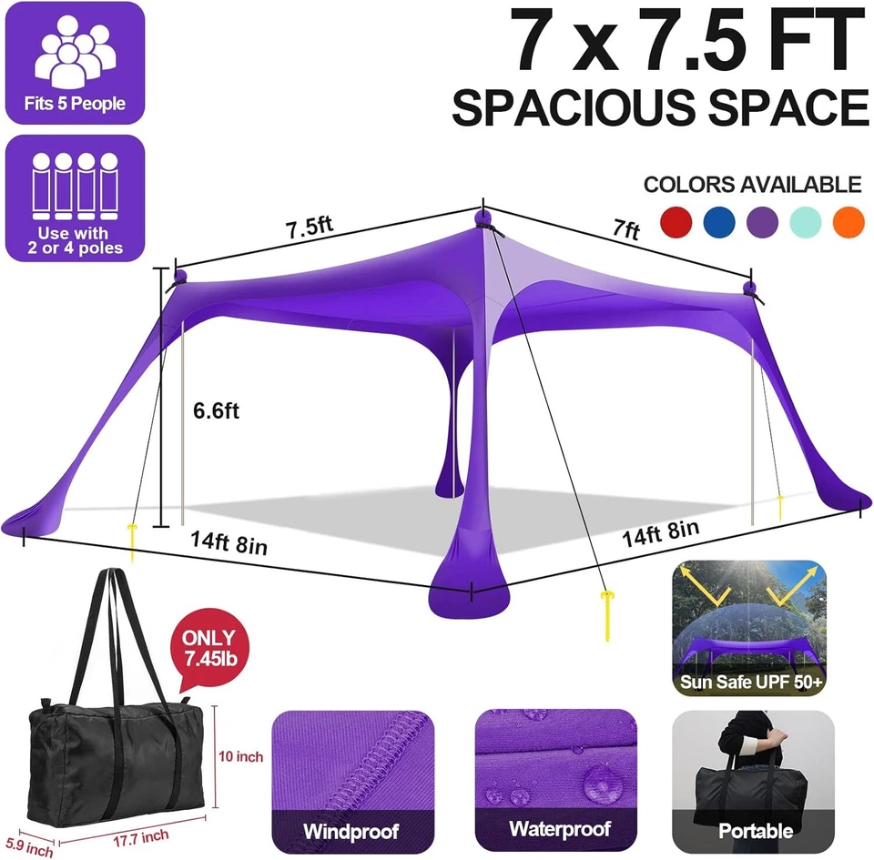 Tienda de playa sombra emergente 7X7,5 pies toldo de playa refugio solar UPF50+ con 4 plegables Foto 3 de 4