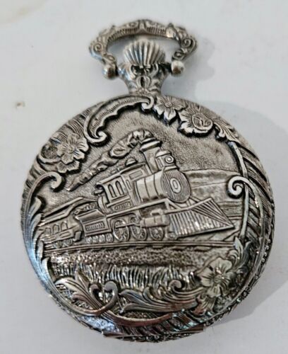 Geneva Analog Pocket Watch~ Silver Tone~ Train Theme~ Antimagnetic ~ Not Working - Picture 1 of 8