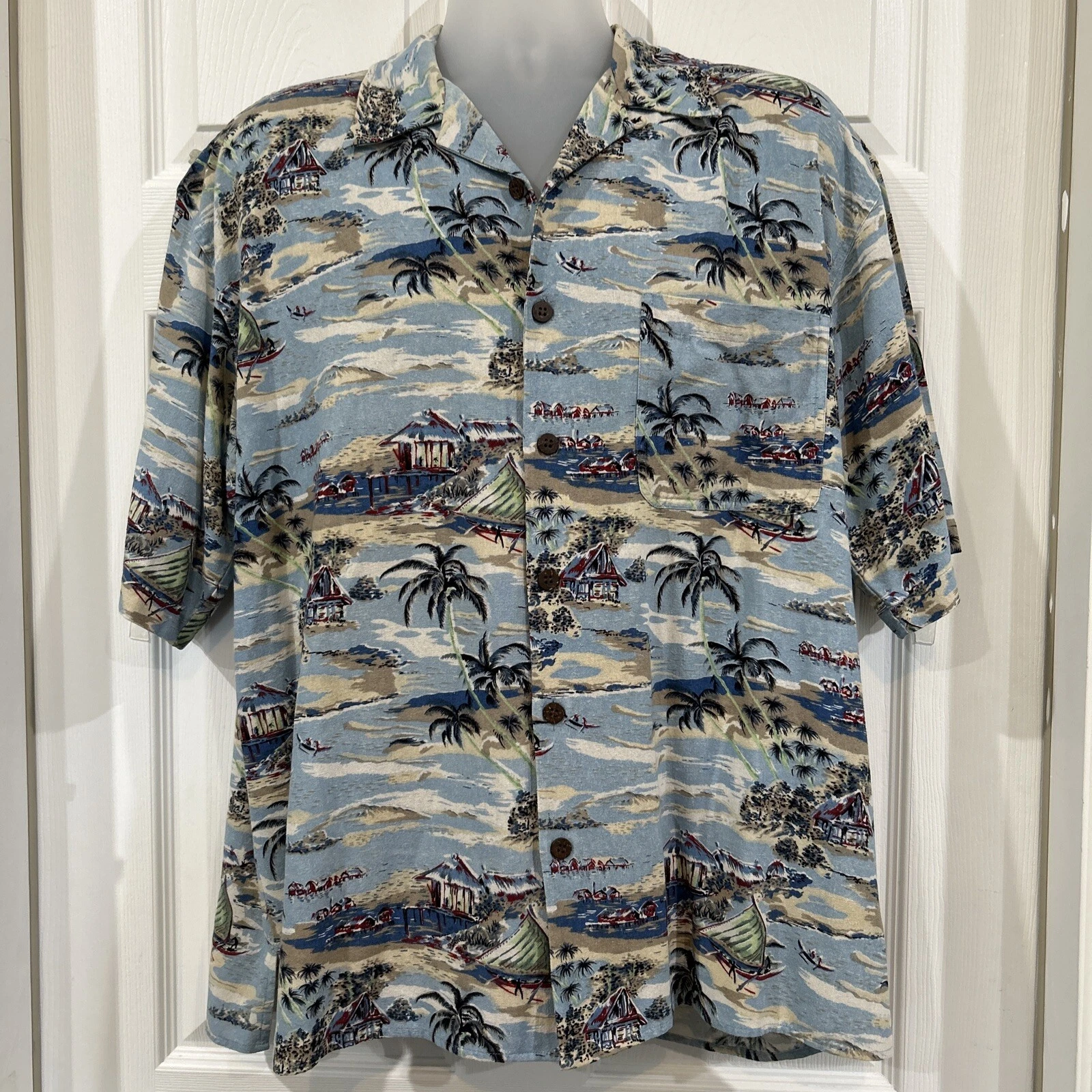 Vintage Bill Blass Hawaiian Blue Silk Men's L Tropical Print Camp Islands Shirt