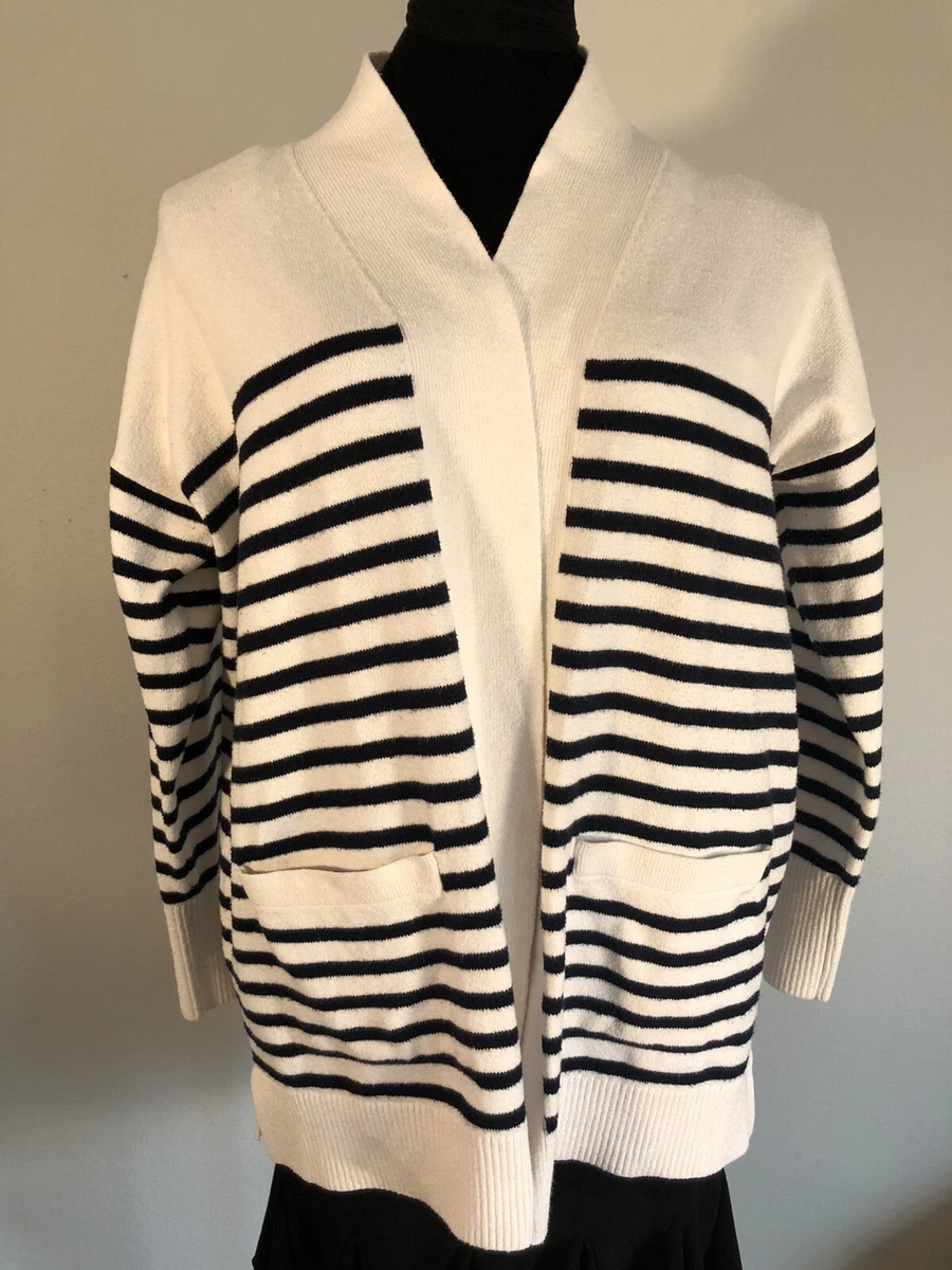 Loft Open Front Women s Navy Striped Large Cardigan Sweater with pockets