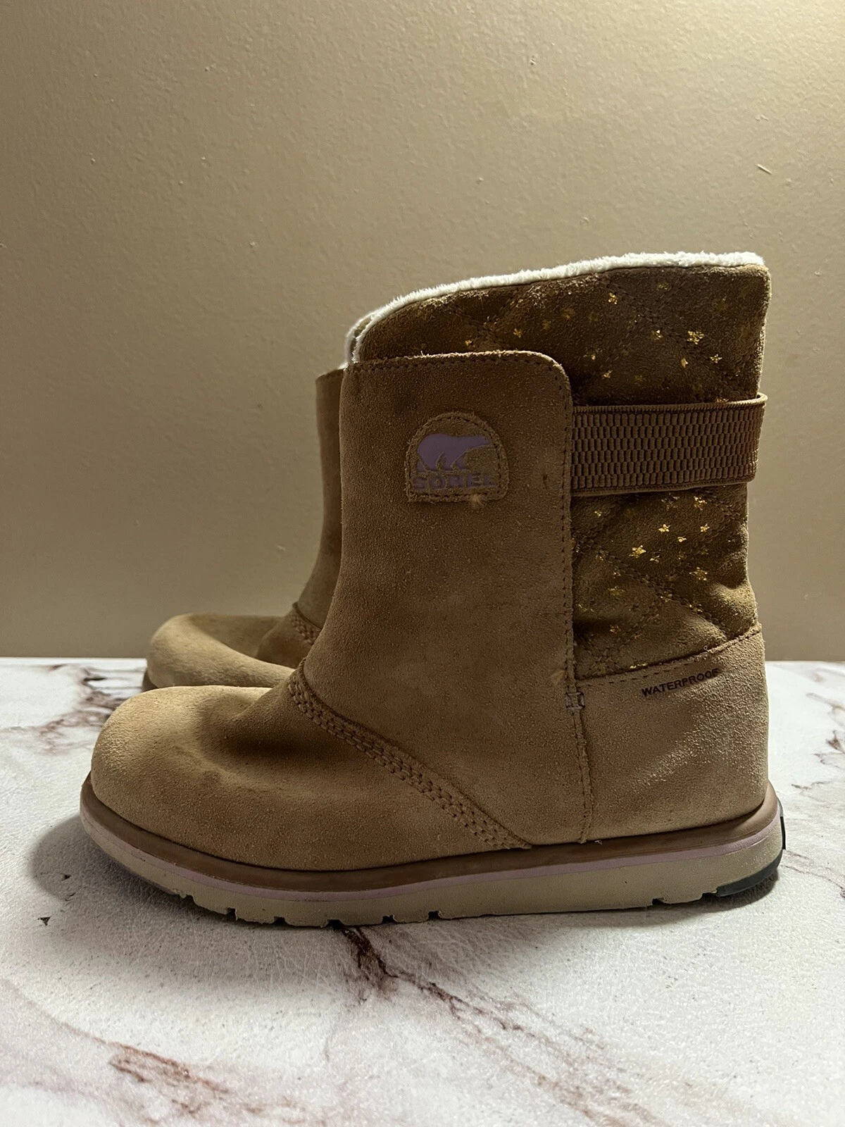Sorel Youth Rylee Ankle Boots Girls 6 Waterproof Lined Brown Gold Sparkles Stars