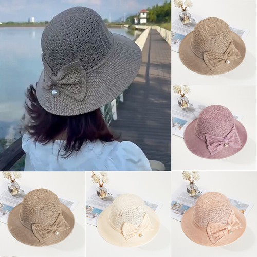 Donna Fiocco Grande Floscio Pieghevole Largo Con Falda Cappello Sole Paglia - Foto 2 di 36