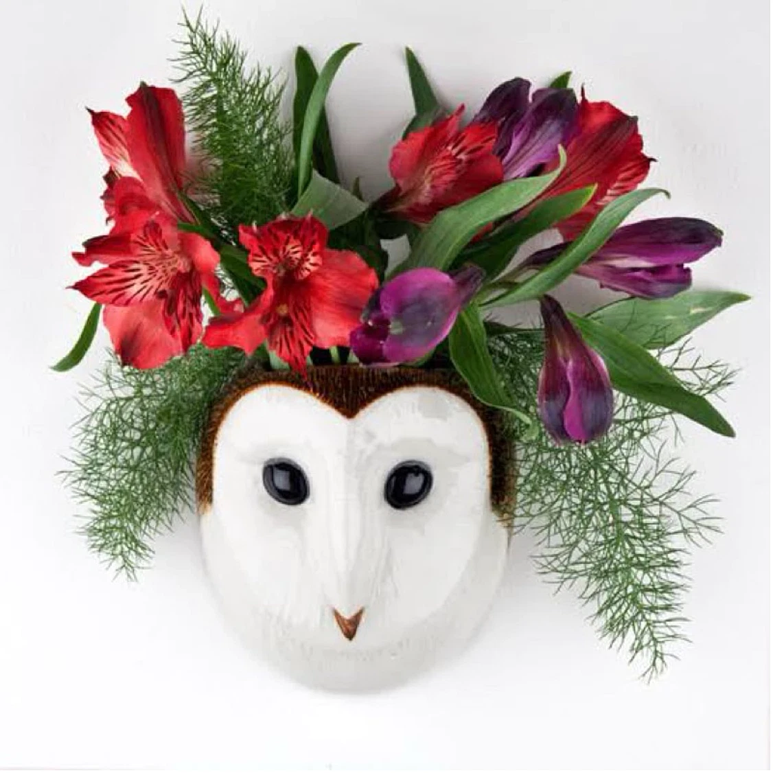 White face Owl Head Figurine Hang Vase Wall Mounted Ceramic Flower Home Décor