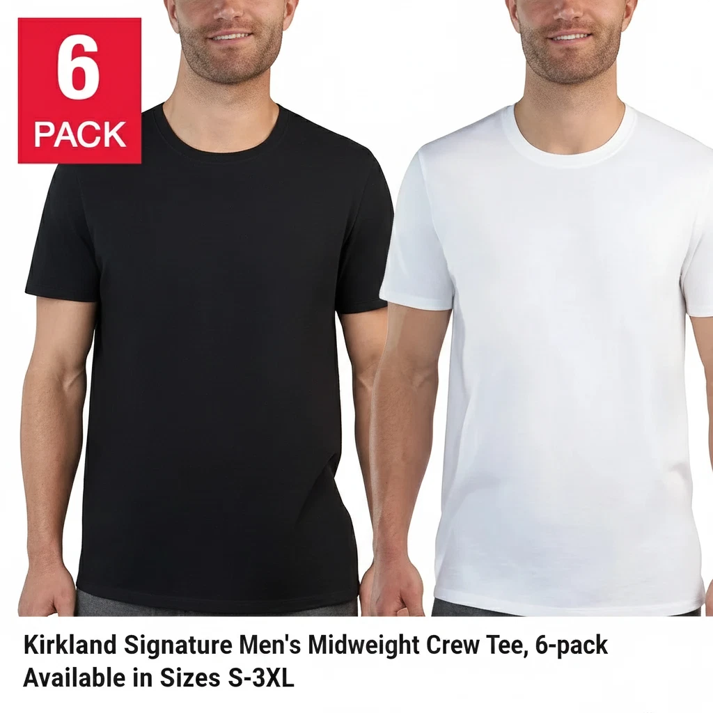 Kirkland Signature Men's Midweight Crew Tee, 6-pack 100% Cotton White Black S-3X