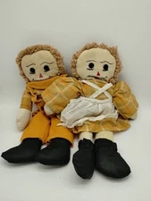Vintage Handmade Yarn Hair Button Eyes embroidered Girl And Boy Cloth Dolls 15"