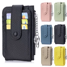 Women Slim Card Case Holder Zip Wallet Small Leather Coin Purse with Keychain