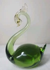 MCM Murano Style Blown Swan Art Avacado Green Glass With Gold Flecks