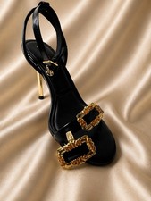 Vintage Black Gold Tone Shoe Clips Pair Ornate Rectangular Dressy Retro
