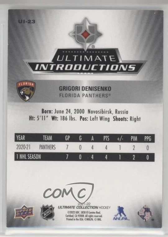 2021-22 Ultimate Collection Introductions Gold /49 Grigori Denisenko Rookie RC - Image 2 of 2
