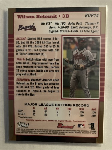 Wilson Betemit Atlanta Braves 2005 Bowman Draft Picks & Prospects GOLD #BDP14 NM - Picture 3 of 4