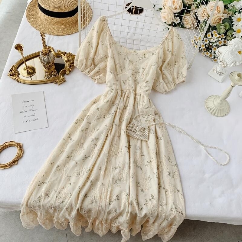 Women Girl Floral Tea Dress Puff Short Sleeve Mesh Ruffle Retro Lace ...
