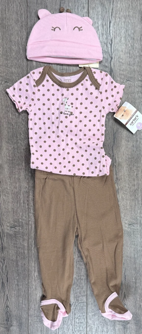 Baby Girl Clothes New Vintage Carter's 9 Month 3pc Pink Giraffe Footed Outfit