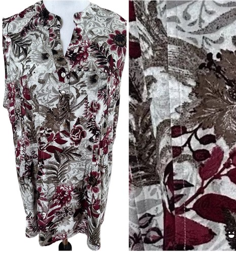 COCOMO 1X Burgundy Gray Floral Plus Size sleeveless women’s Pintuck Blouse shirt - Picture 2 of 16