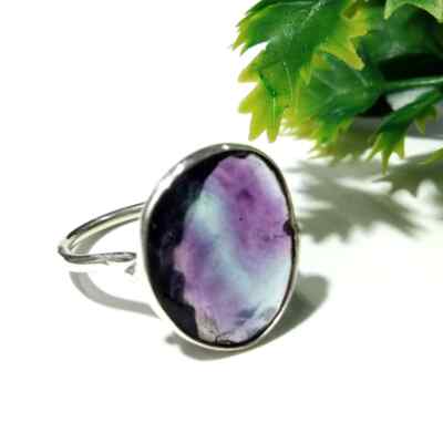 925 Solid Sterling Silver Ring Handmade Natural Green Purple Fluorite Ring Gift