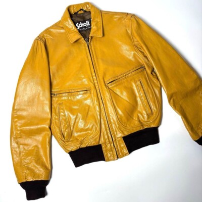 Schott Flight Jacket Leather zip pocket Size 40 color Yellow fashion outer Mens