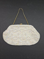 Vtg White Iridescent Sequin Beaded Evening Handbag Gold Ball Kiss Lock Chain