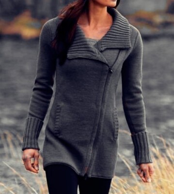 Athleta L LARGE Chill Factor Sweater Coat, Charcoal Chunky Wool Cardigan Sweater