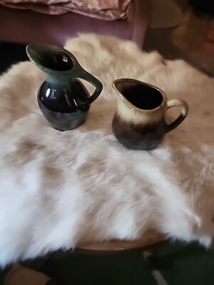Set Of 2 Vintage 1967 McMaster Miniatures Pottery pitchers. Blue Green  Brown 