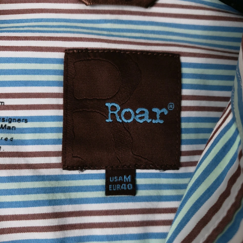 Roar Button Down Shirt Men's Size Medium M Blue/Brown Striped Long Sleeve Shirt - Image 3 of 4