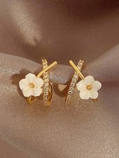 Multicolor Gold Tone Floral Seashell Cross Stud Earrings For Women