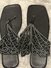 Women s Black Rhinestone Thong Slip-On Flat Sandals Synthetic Upper EU 42