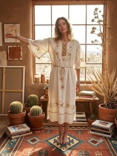 Vintage 70s Mexican Huipil Dress Large Cream Cotton Embroidered Midi Folk Floral