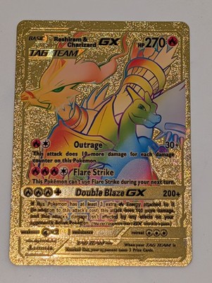 Pokemon Reshiram & Charizard GX Tag Team 270HP Outrage Gold Foil Fan Art Card