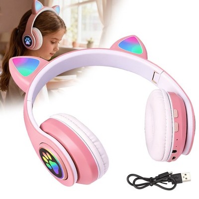 Bluetooth Kopfhörer Kinder,Faltbare LED Katzenohren Headset für Tablet/Handy/PC
