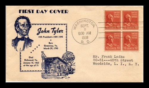 DR JIM STAMPS US COVER JOHN TYLER PRESIDENTIAL SERIES FDC SCOTT 815 BLOCK OF 4