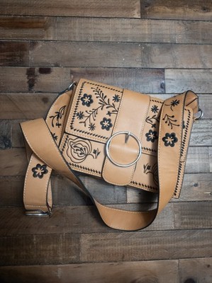 Stradivarius Crossbody Shoulder Bag Tan Beige Flower Strap  Boho Western NWOT