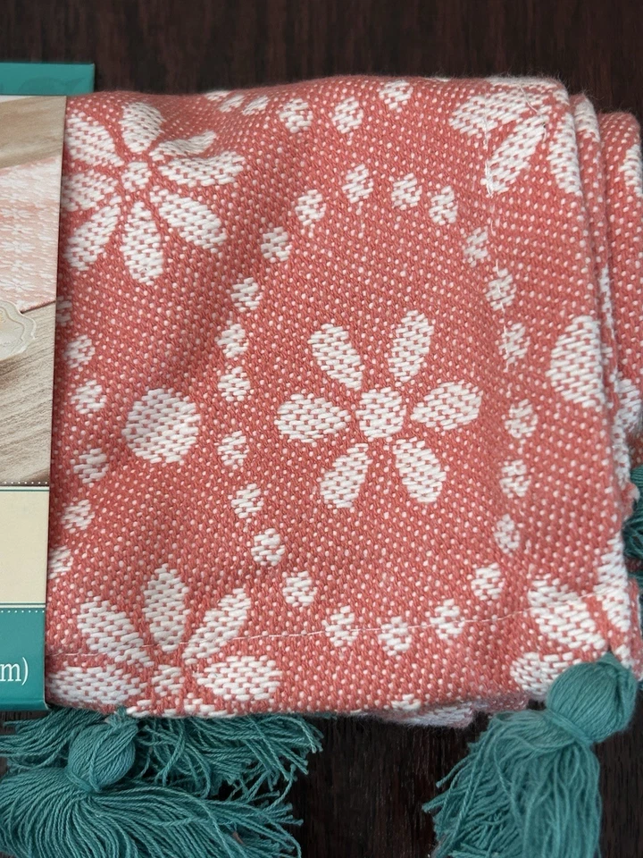Pioneer Woman Table Runner Daisy Geo Coral Turquoise Tassels NWT  14”W x90”L - Image 4 of 4
