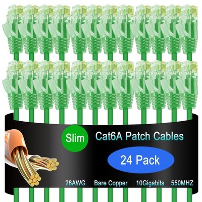 24 PCS Cat6a Slim Ethernet Patch Cable 3 FT 10G Data Center Home Green