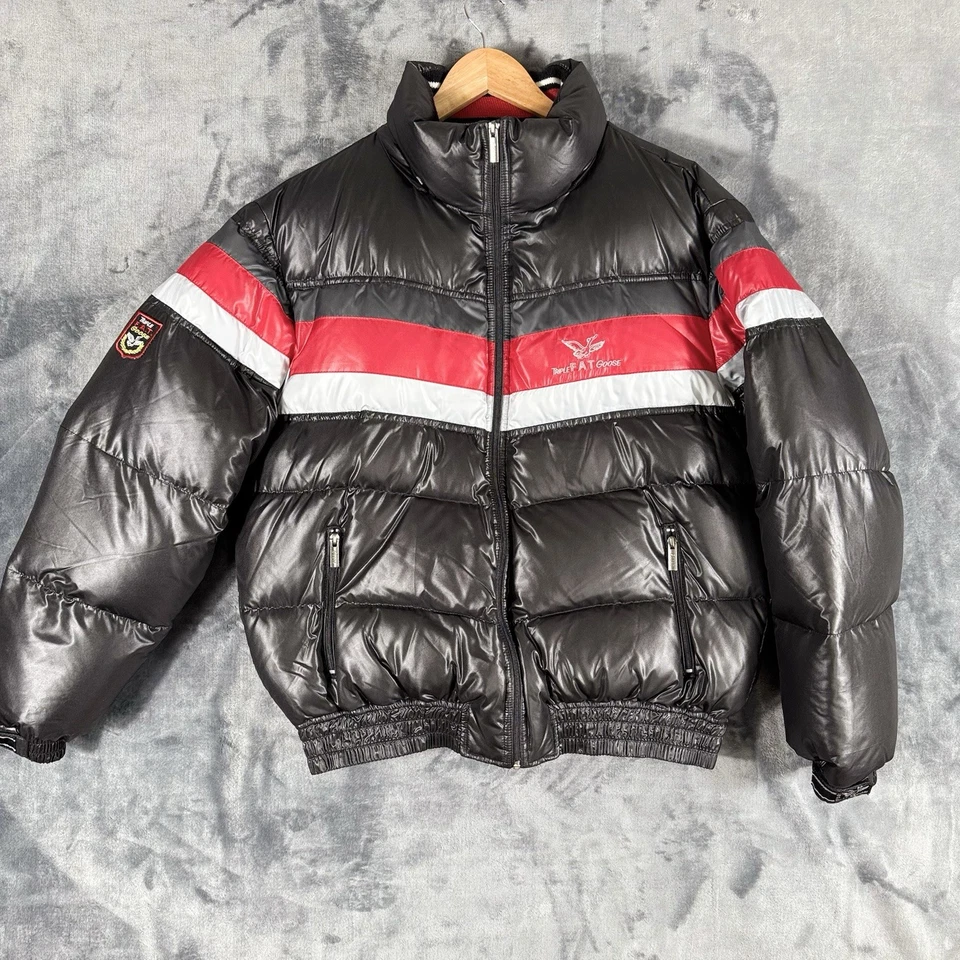 Vintage Triple Fat Sz L Goose Down Filled Jacket Puffer Black Red Hood Missing - Image 2 of 4