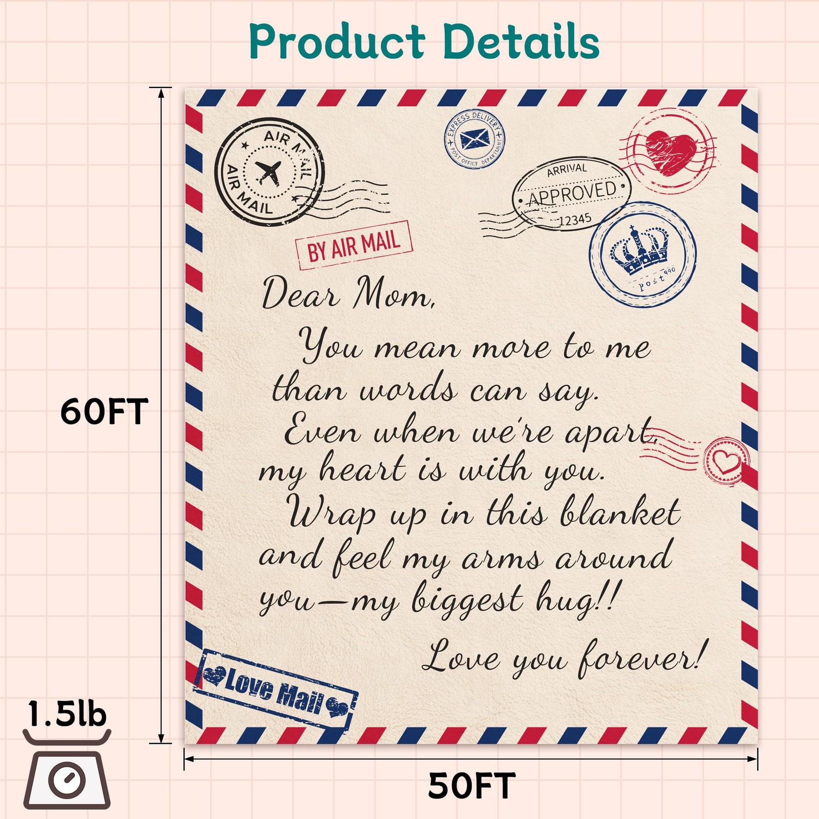 To My Mom Air Mail Love Letter Cozy Flannel Throw Blanket Gift 50x60 ...