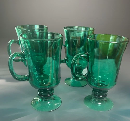 Libbey Vintage Irish Coffee Glass Mugs With Handles Juniper Green SET OF 4