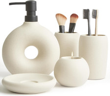 Ceramic Bathroom Accessory Set, 5 Pcs - Soap Dispenser 16 Oz, Toothbrush Cup, To