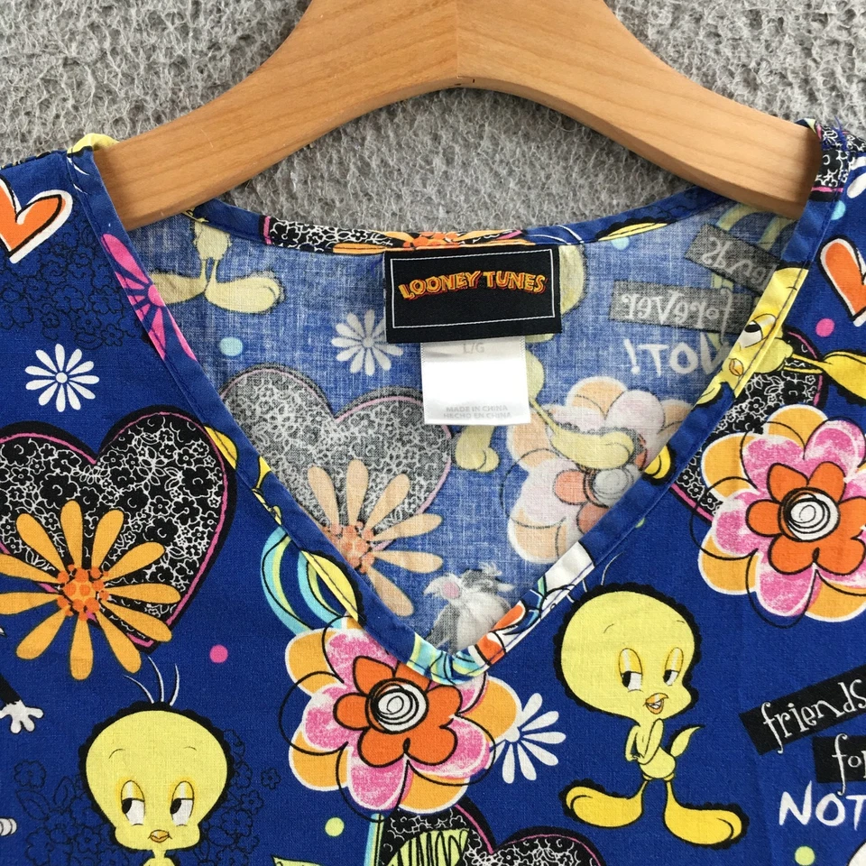 Looney Tunes Scrub Tops Womens Large Blue TWEETY SILVESTER Vneck Short Sleeves - Image 3 of 4
