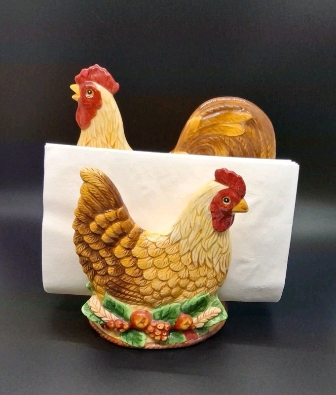 Vtg FITZ AND FLOYD Del Vino: Rooster with Chick Napkin Holder, Colorful Vibrant