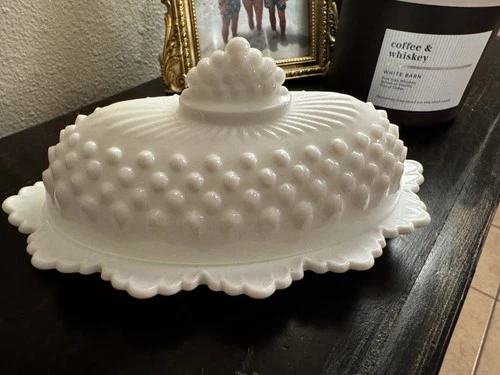 Fenton Hobnail Milk Glass Oval Covered Butter Dish with Lid Excellent Condition