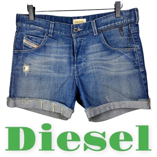 DIESEL CUFFED CUTOFF FRINGE BUTTONFLY STRETCHY DENIM SHORTS BLUE, Size 28 - Picture 9 of 9
