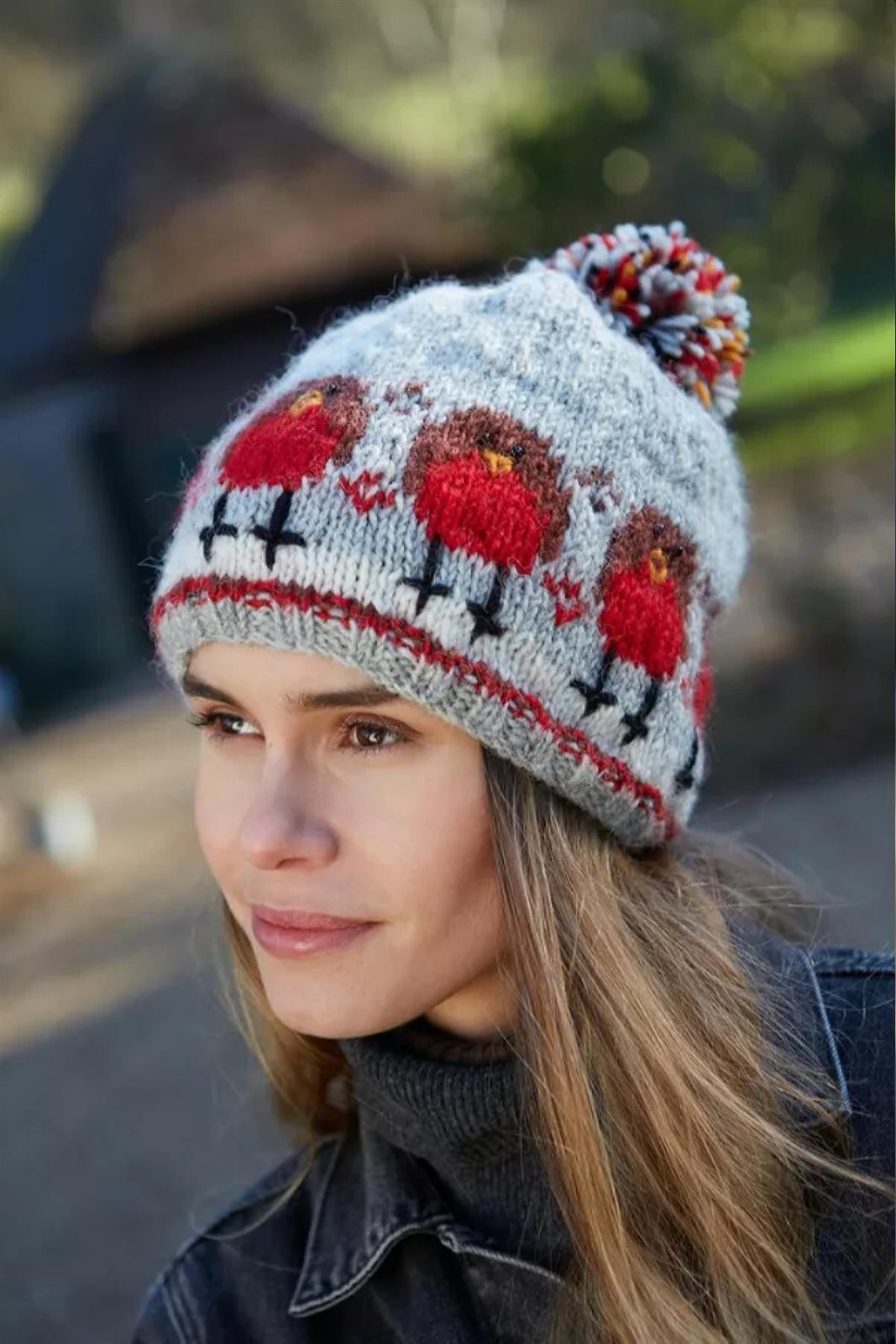 Robin Bobble Hat Beanie Pachamama Chunky Wool bird lover gift stocking filler