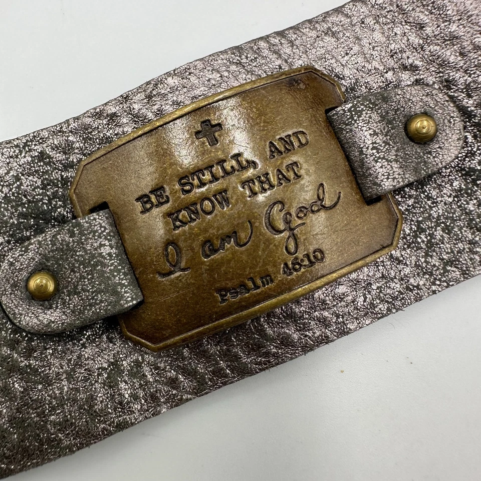 Leather Cuff Bracelet Metallic Silver Bronze Plate Be Still and Know Psalm 46:10 - Image 4 of 4