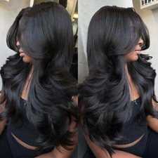 20Inch Black Wig 4X4 Lace Frontal Human Hair Wave Layered Wigs for Black Women