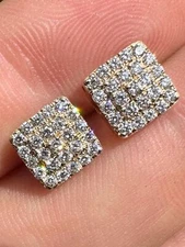 1.32ct VVS Real Diamond Men's Solid 14k Yellow Gold Iced Hip Hop Square Earrings