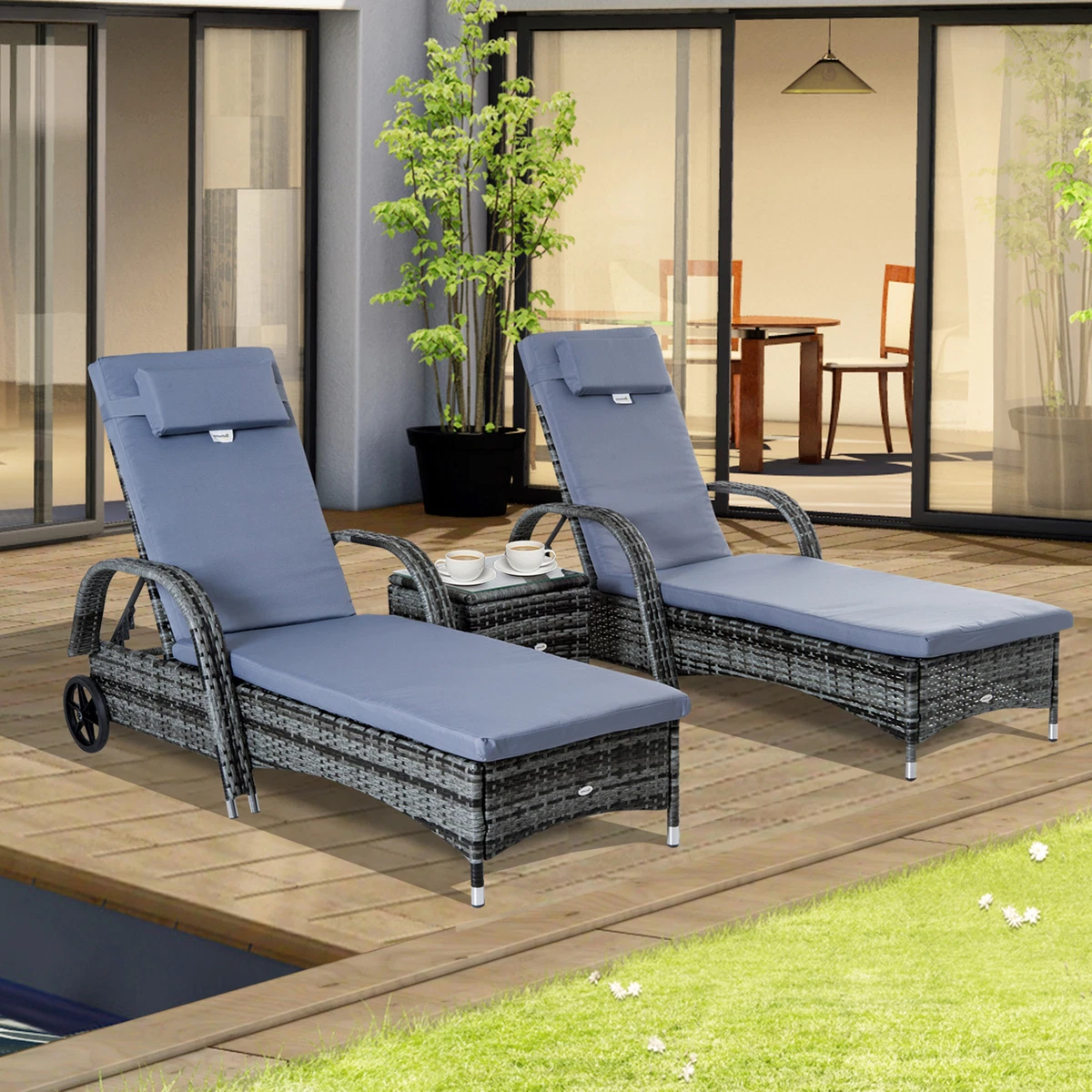 Rattan Sun Lounger Set Wicker Recliner Bed Side Table Garden
