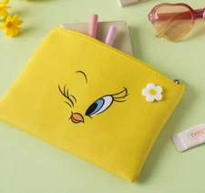 Looney Tunes Tweety Flat Pouch / Yellow Faux Leather Zipper Bag - Korea Daiso