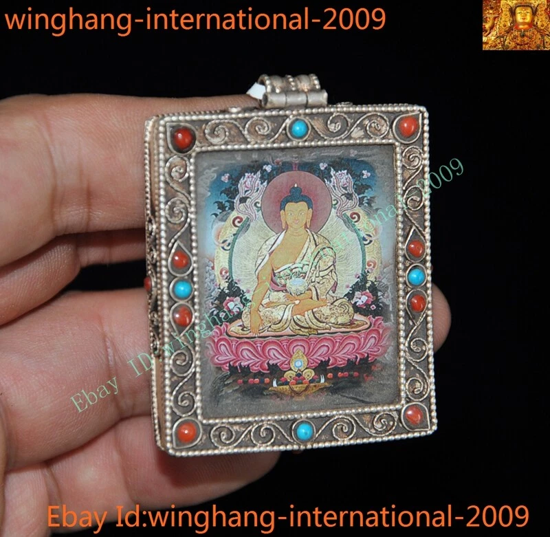 Старый Тибет серебро инкрустация бирюзовый драгоценный камень Шакьямуни Татхагата экзорцизм амулет подвеска - Изображение 2 из 4