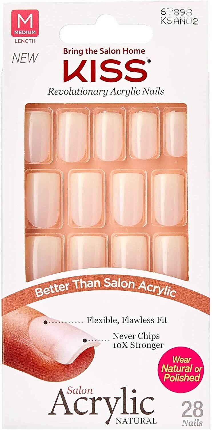 Kiss Salon Acrylic Natural Finish Glue-On 28 Nails Medium Length EUPHORIA KSAN02