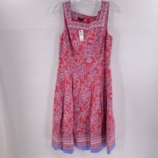 Talbots Size 2 Red Multi Medallion Fit & Flare Square Neck Sleeveless Dress