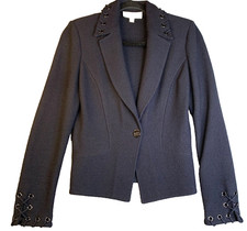 St John Blazer Women Size 2 XS Knit Navy Blue 1 Button Laced Jacket Shoulder Pad